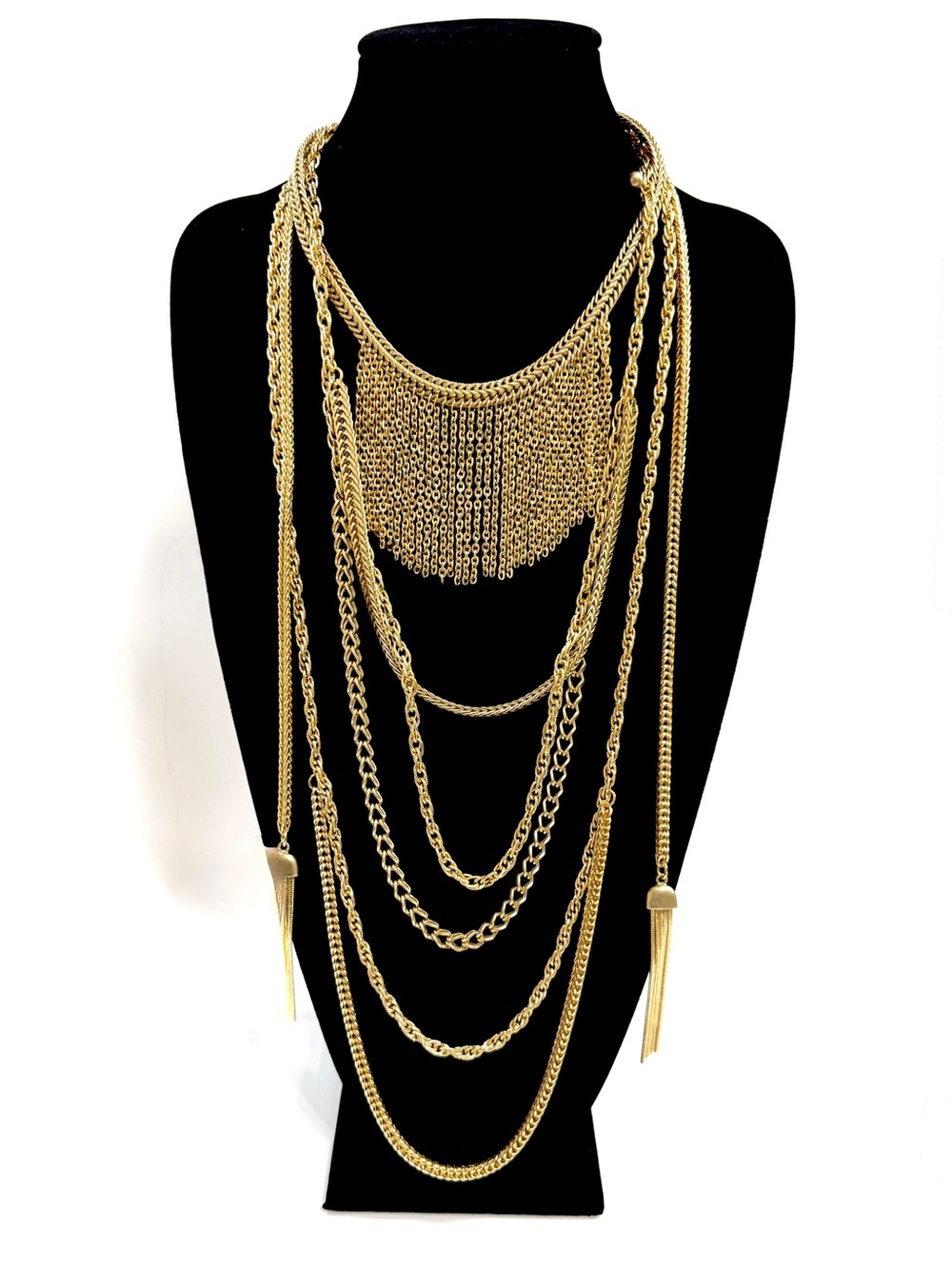 Chico’s Layered Gold Tone Layered Fringe Bib Statement Necklace NEW